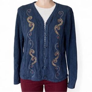 Vintage BonWorth Navy Cardigan with Gold Embroidery